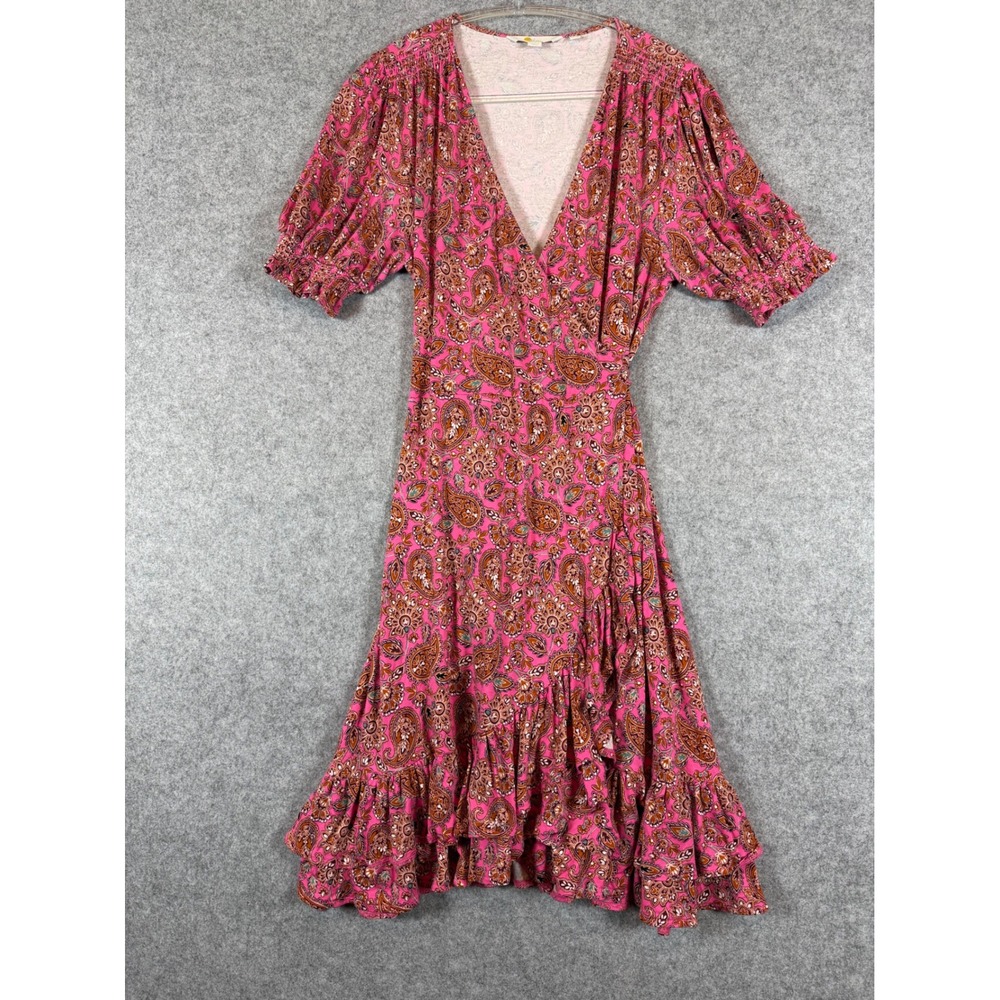 Boden Paisley Wrap Dress Womens Size 8 Pink Excellent Short Sleeve Ruffle Hem